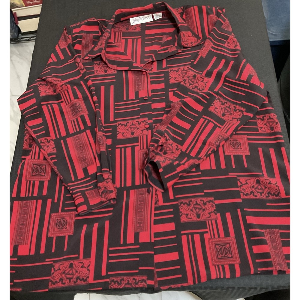 VINTAGE Yves St. Clair 2 Shirt Womens 24W Red Geometric Button Front Blouse